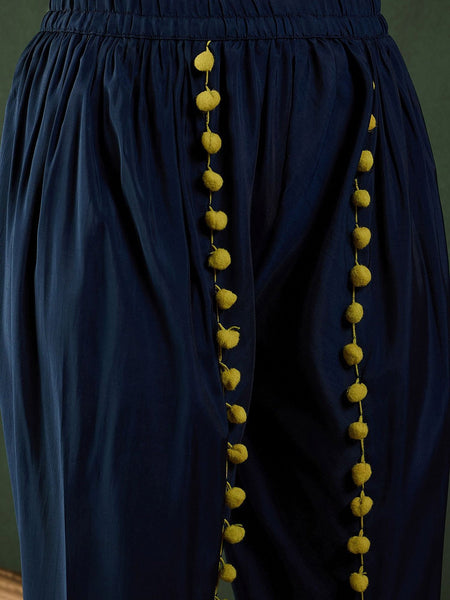 Navy Blue Notch-Neck Mirror Work Chanderi Silk Kurta With Dhoti Pant And Dupatta