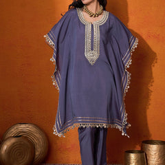 Blue Geometric Embroidered Round Neck Mirror Work Kaftan With Trousers