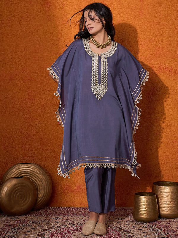Blue Geometric Embroidered Round Neck Mirror Work Kaftan With Trousers
