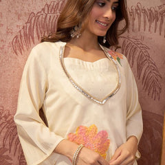 White Hand Block Print & Embroidered Top With Jacket & Trouser Co-Ords