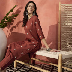Floral Embroidered V-Neck Straight Pure Cotton Kurta With Trousers Plus Size Kurta Set