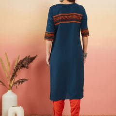 Navy Blue Ethnic Motifs Embroidered Thread Work Straight Kurta