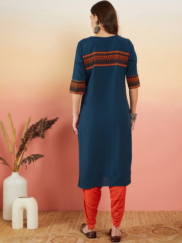 Navy Blue Ethnic Motifs Embroidered Thread Work Straight Kurta
