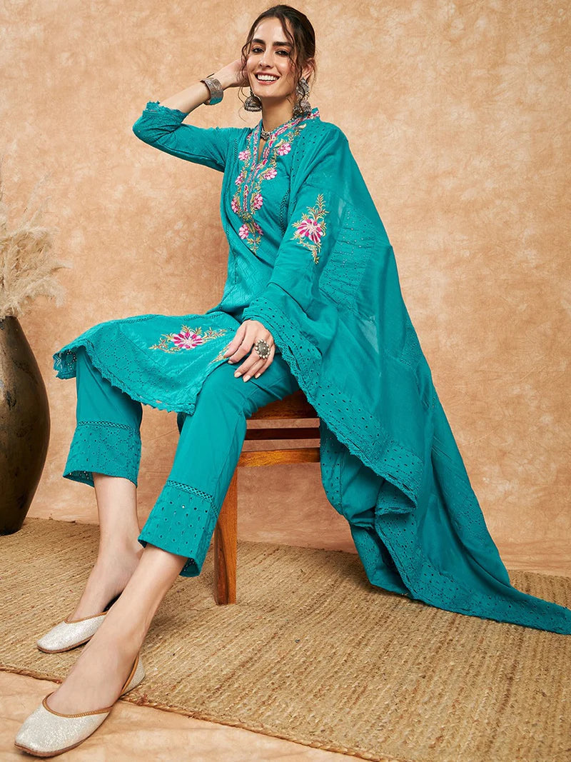 Floral Embroidered Pure Cotton Straight Kurta With Trouser & Dupatta