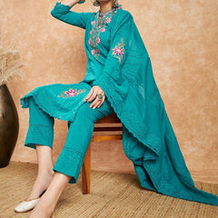 Floral Embroidered Pure Cotton Straight Kurta With Trouser & Dupatta