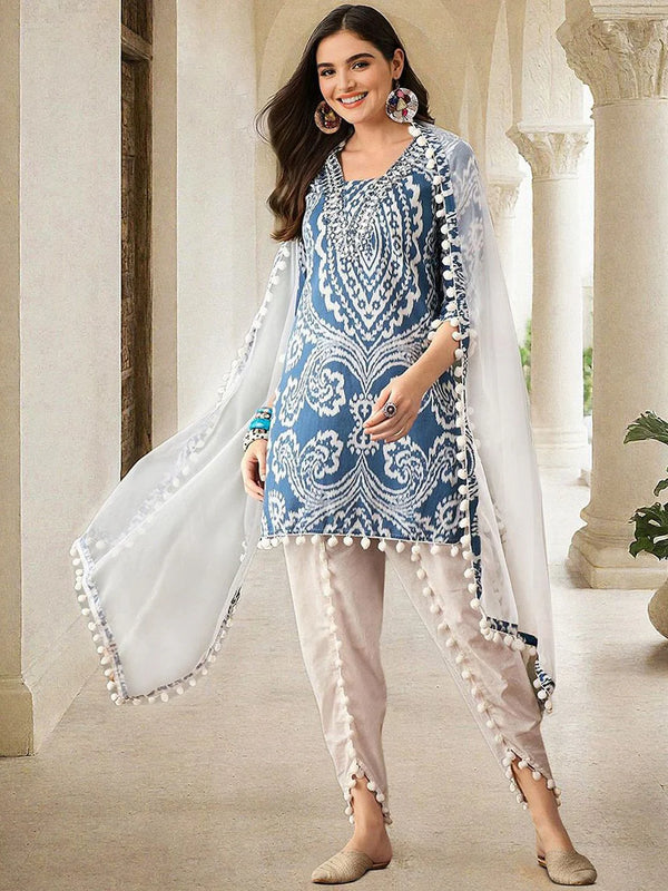Ethnic Motifs Printed & Mirror Work Pure Cotton Kurta With Dhoti Pant & Dupatta Kurta Set