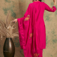 Pink Woven Design Thread Work Detail Pure Cotton Kurta & Trouser With Dupatta