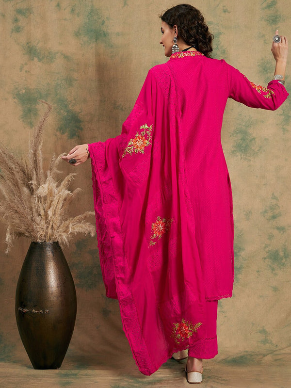 Pink Woven Design Thread Work Detail Pure Cotton Kurta & Trouser With Dupatta