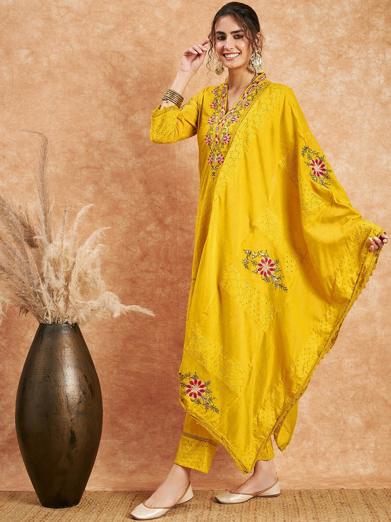 Floral Embroidered Pure Cotton Straight Kurta With Trouser & Dupatta