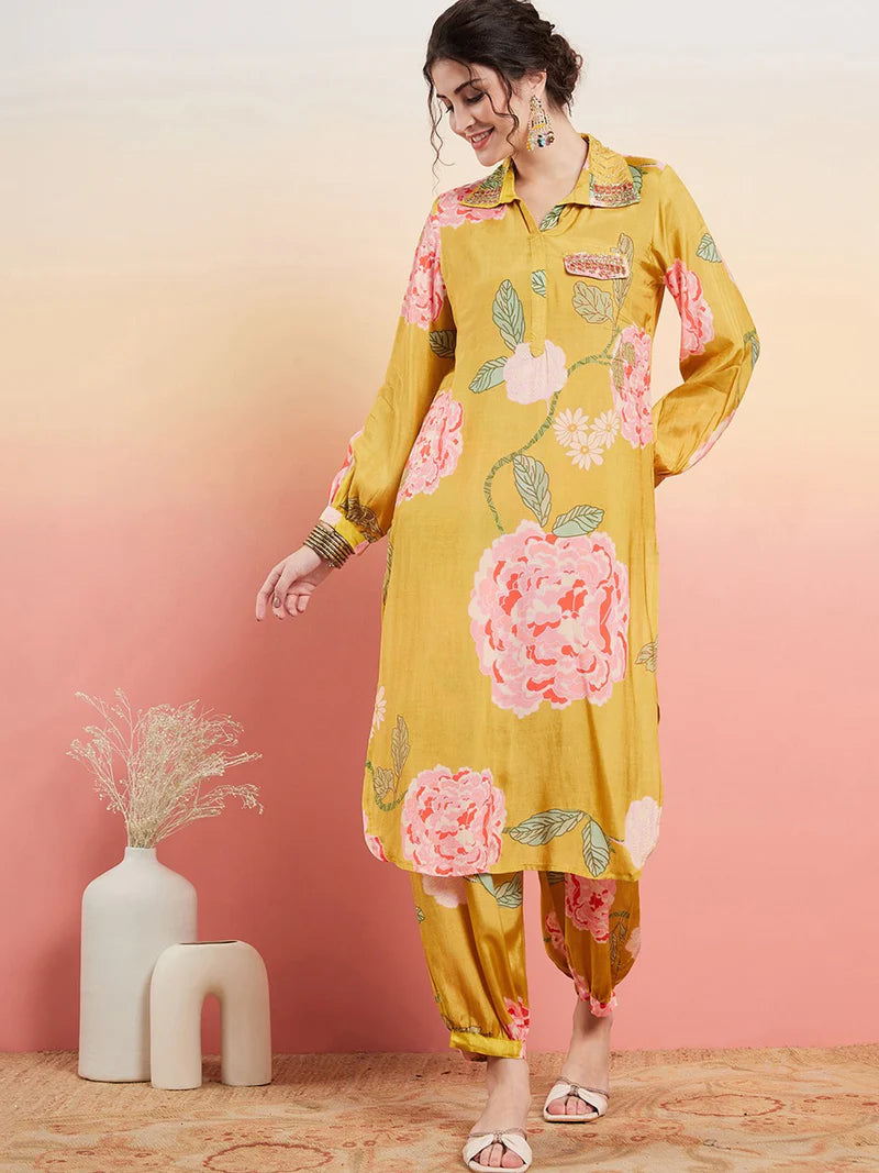 Floral Printed Shirt Collar Mirror Work Pathani Kurta & Trousers