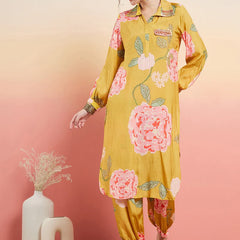 Floral Printed Shirt Collar Mirror Work Pathani Kurta & Trousers