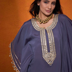 Blue Geometric Embroidered Round Neck Mirror Work Kaftan With Trousers