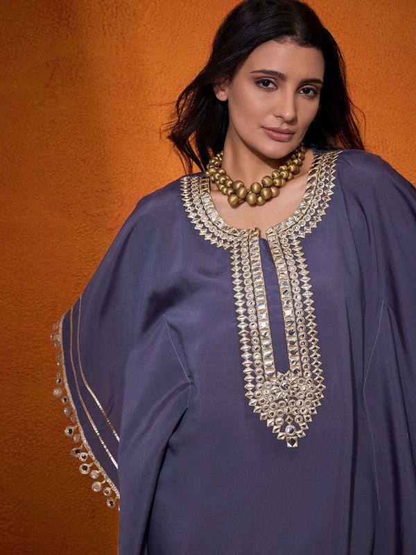 Blue Geometric Embroidered Round Neck Mirror Work Kaftan With Trousers