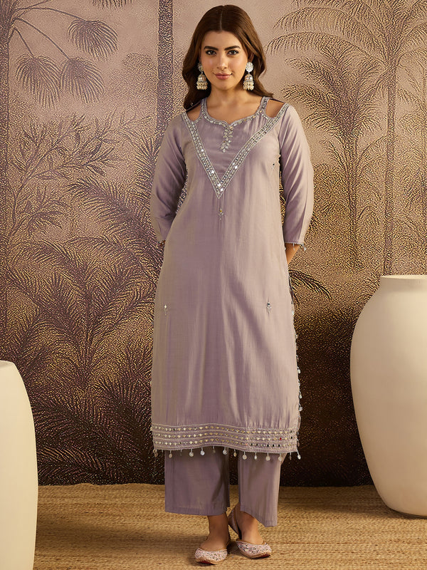 Sequin Embroidered Straight Kurta With Trouser & Dupatta