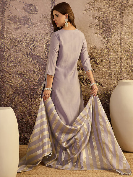 Sequin Embroidered Straight Kurta With Trouser & Dupatta