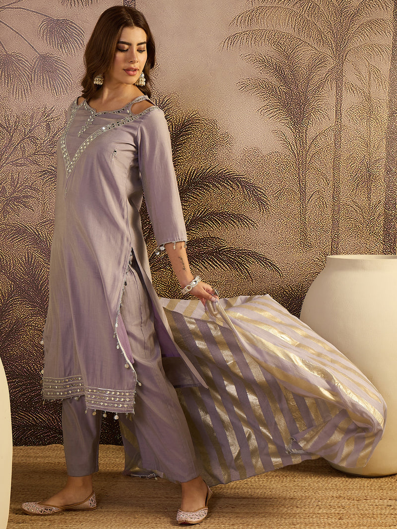 Sequin Embroidered Straight Kurta With Trouser & Dupatta