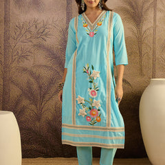 Sky Blue Floral Embroidered  Straight Kurta With Pant & Dupatta Kurta Set