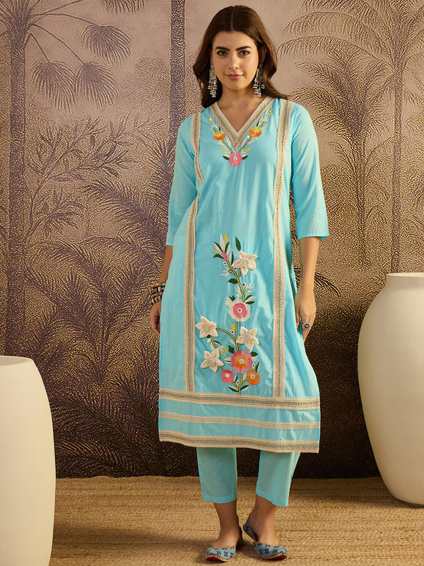 Sky Blue Floral Embroidered  Straight Kurta With Pant & Dupatta Kurta Set