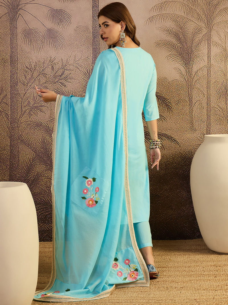 Sky Blue Floral Embroidered  Straight Kurta With Pant & Dupatta Kurta Set