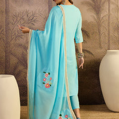 Sky Blue Floral Embroidered  Straight Kurta With Pant & Dupatta Kurta Set
