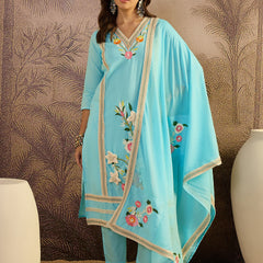 Sky Blue Floral Embroidered  Straight Kurta With Pant & Dupatta Kurta Set