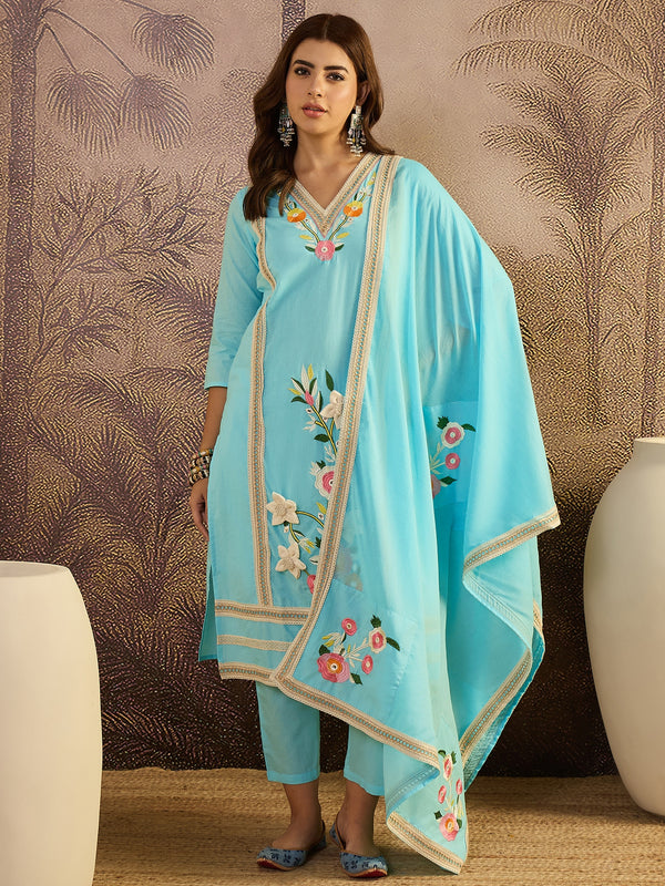 Sky Blue Floral Embroidered  Straight Kurta With Pant & Dupatta Kurta Set