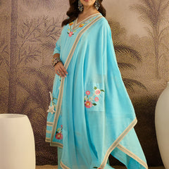 Sky Blue Floral Embroidered  Straight Kurta With Pant & Dupatta Kurta Set