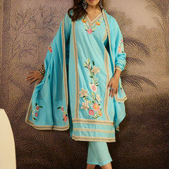 Sky Blue Floral Embroidered  Straight Kurta With Pant & Dupatta Kurta Set