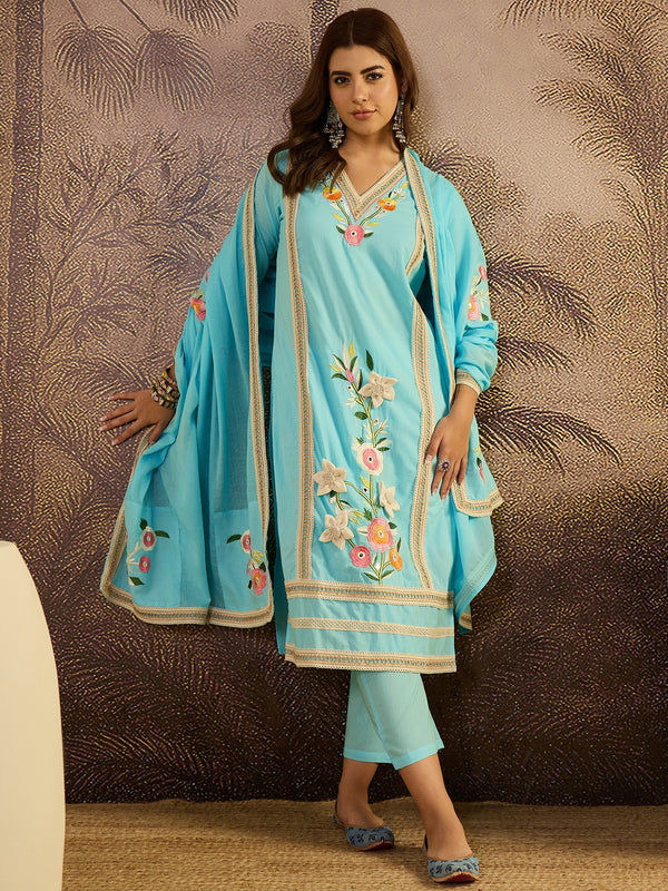 Sky Blue Floral Embroidered  Straight Kurta With Pant & Dupatta Kurta Set