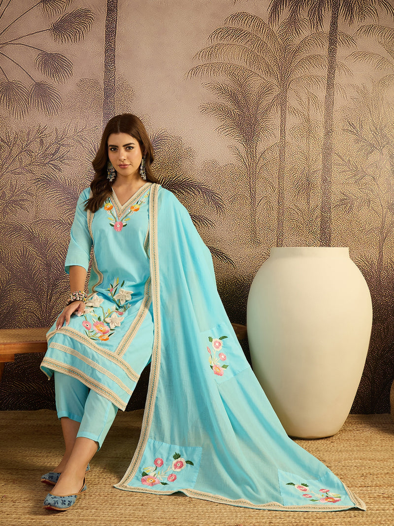 Sky Blue Floral Embroidered  Straight Kurta With Pant & Dupatta Kurta Set