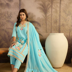 Sky Blue Floral Embroidered  Straight Kurta With Pant & Dupatta Kurta Set