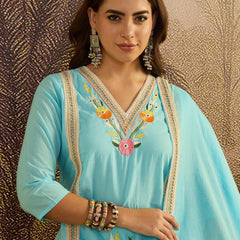 Sky Blue Floral Embroidered  Straight Kurta With Pant & Dupatta Kurta Set