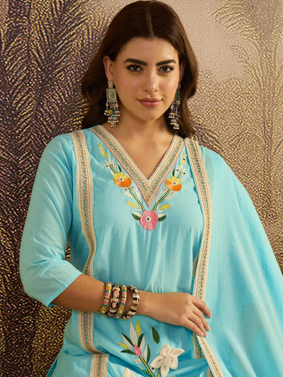 Sky Blue Floral Embroidered  Straight Kurta With Pant & Dupatta Kurta Set