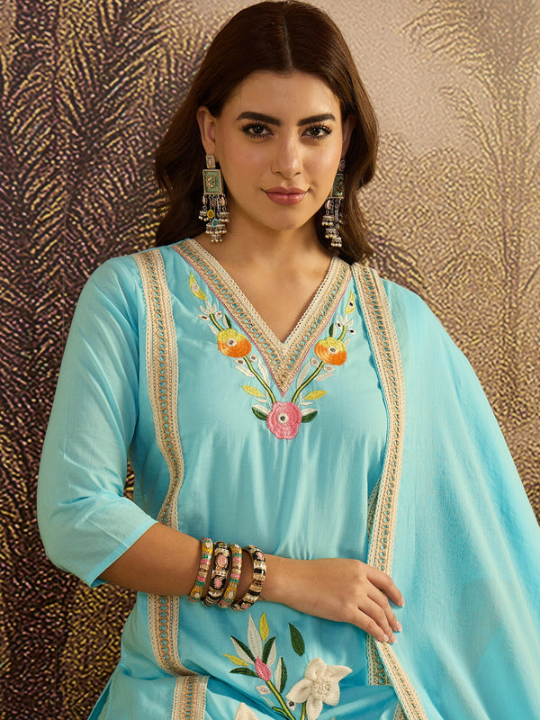 Sky Blue Floral Embroidered  Straight Kurta With Pant & Dupatta Kurta Set