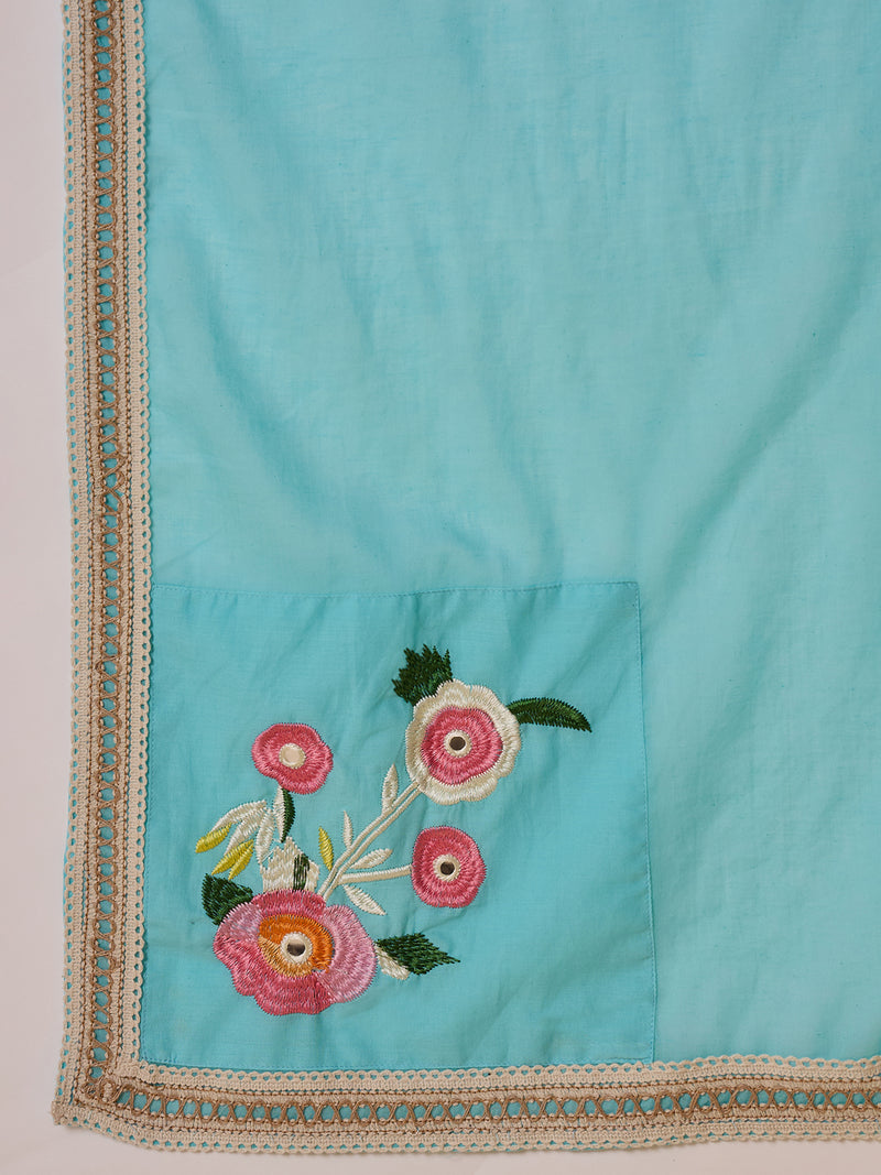 Sky Blue Floral Embroidered  Straight Kurta With Pant & Dupatta Kurta Set