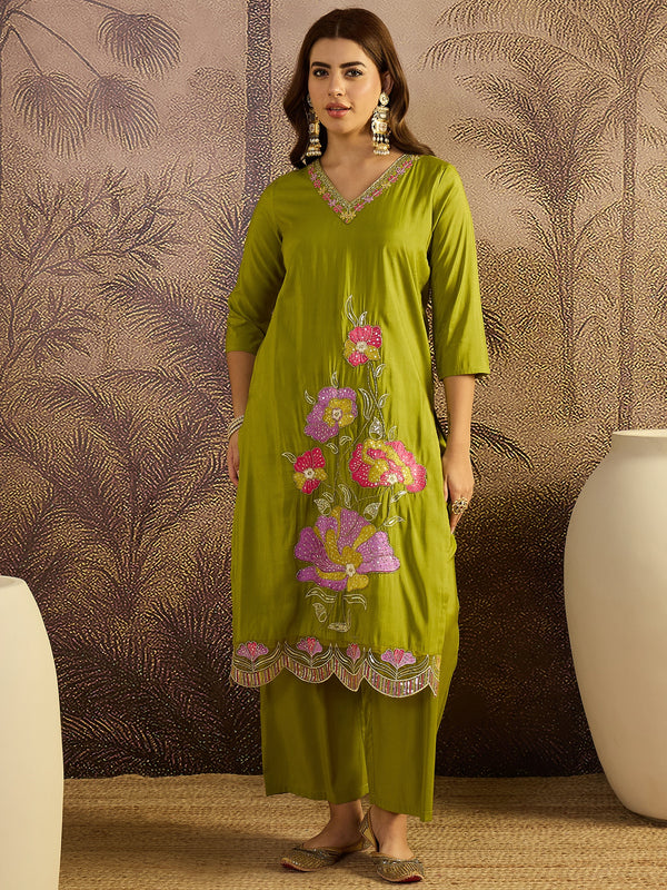 Olive Green Floral Embroidered Straight Kurta With Trouser & Dupatta Kurta Set