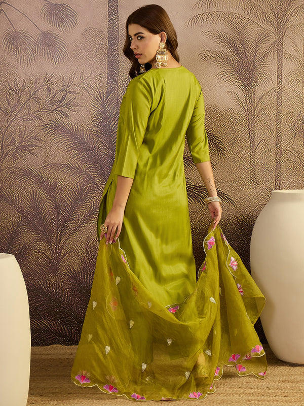 Olive Green Floral Embroidered Straight Kurta With Trouser & Dupatta Kurta Set