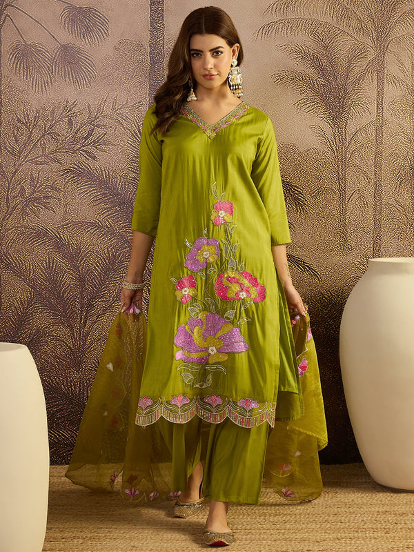 Olive Green Floral Embroidered Straight Kurta With Trouser & Dupatta Kurta Set
