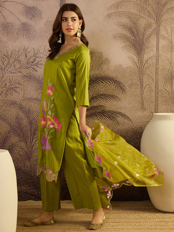 Olive Green Floral Embroidered Straight Kurta With Trouser & Dupatta Kurta Set