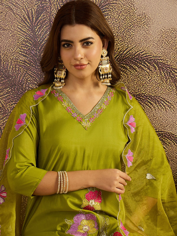Olive Green Floral Embroidered Straight Kurta With Trouser & Dupatta Kurta Set