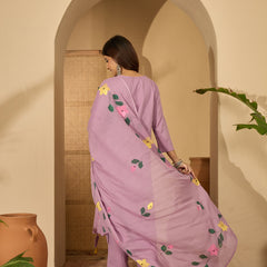 Lilac Hand Printed Schiffli Pure Cotton Kurta With Trousers & Dupatta Kurta Set