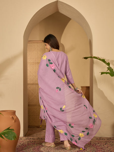 Lilac Hand Printed Schiffli Pure Cotton Kurta With Trousers & Dupatta Kurta Set