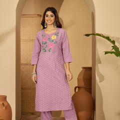 Lilac Hand Printed Schiffli Pure Cotton Kurta With Trousers & Dupatta Kurta Set