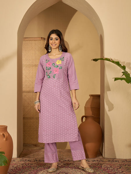 Lilac Hand Printed Schiffli Pure Cotton Kurta With Trousers & Dupatta Kurta Set