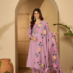 Lilac Hand Printed Schiffli Pure Cotton Kurta With Trousers & Dupatta Kurta Set