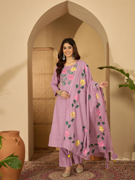 Lilac Hand Printed Schiffli Pure Cotton Kurta With Trousers & Dupatta Kurta Set