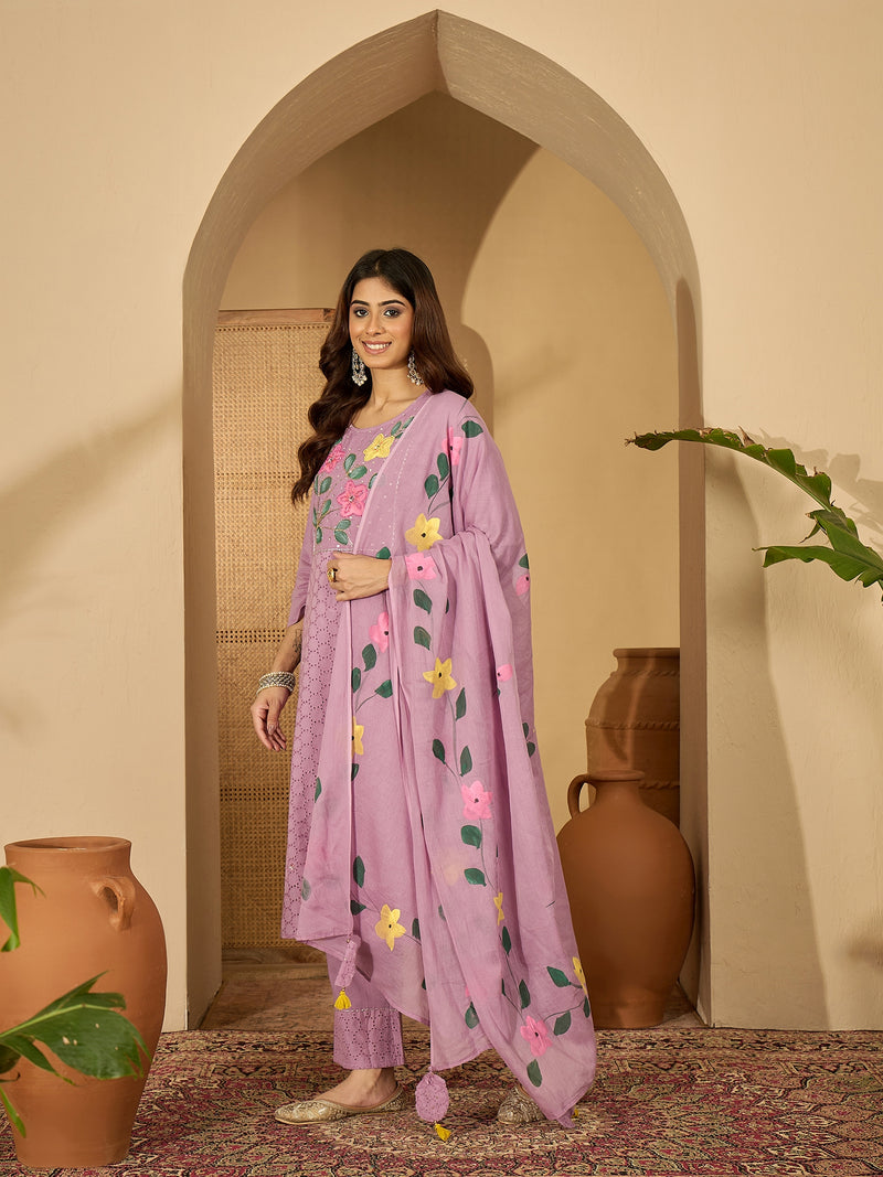 Lilac Hand Printed Schiffli Pure Cotton Kurta With Trousers & Dupatta Kurta Set