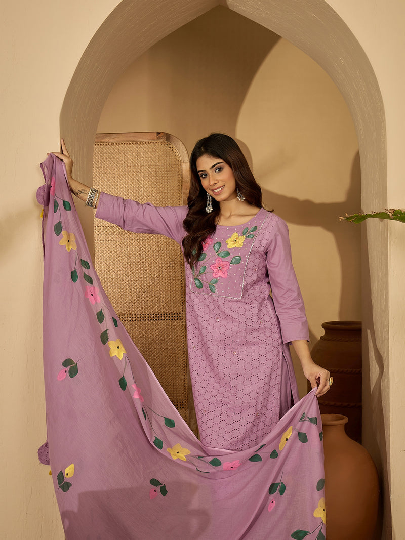 Lilac Hand Printed Schiffli Pure Cotton Kurta With Trousers & Dupatta Kurta Set