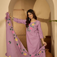 Lilac Hand Printed Schiffli Pure Cotton Kurta With Trousers & Dupatta Kurta Set
