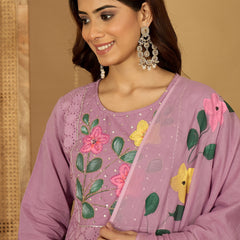 Lilac Hand Printed Schiffli Pure Cotton Kurta With Trousers & Dupatta Kurta Set